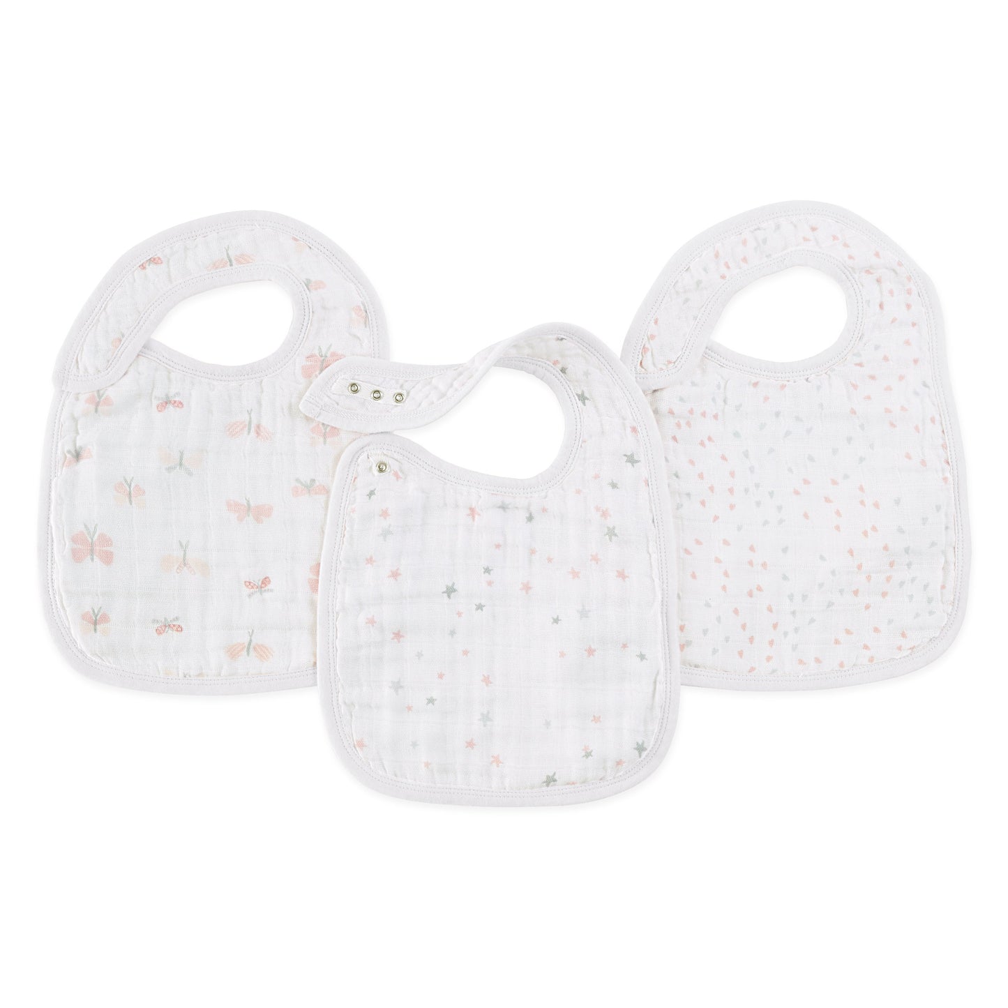 lovely reverie muslin adjustable snap bibs 3-pack