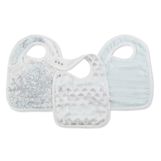 skylight birch metallic silky soft bamboo muslin snap bibs 3-pack