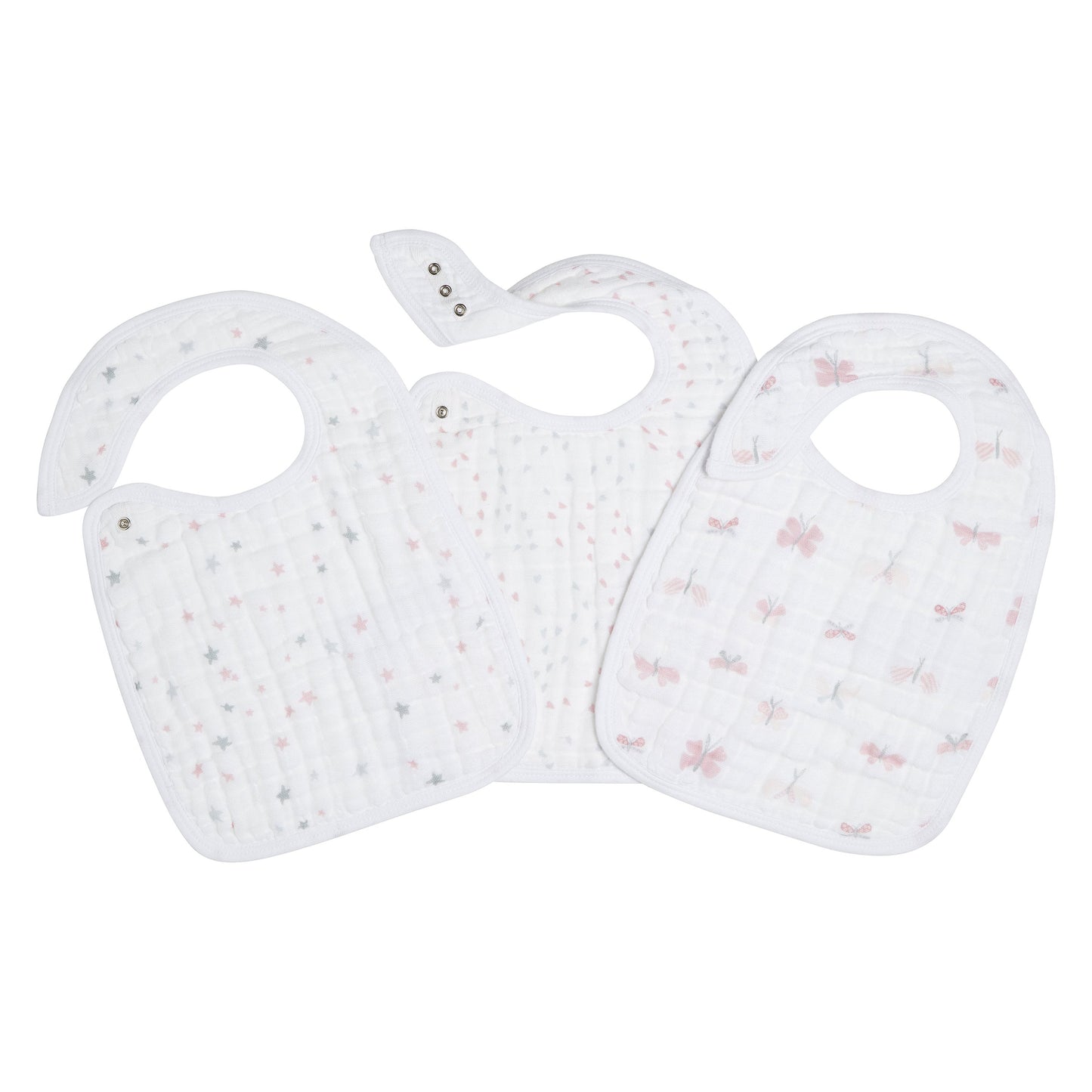 lovely reverie muslin adjustable snap bibs 3-pack